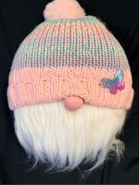 Homemade Pastel Pink Knit Pom Pom Hat Gnome with Butterfly Accent